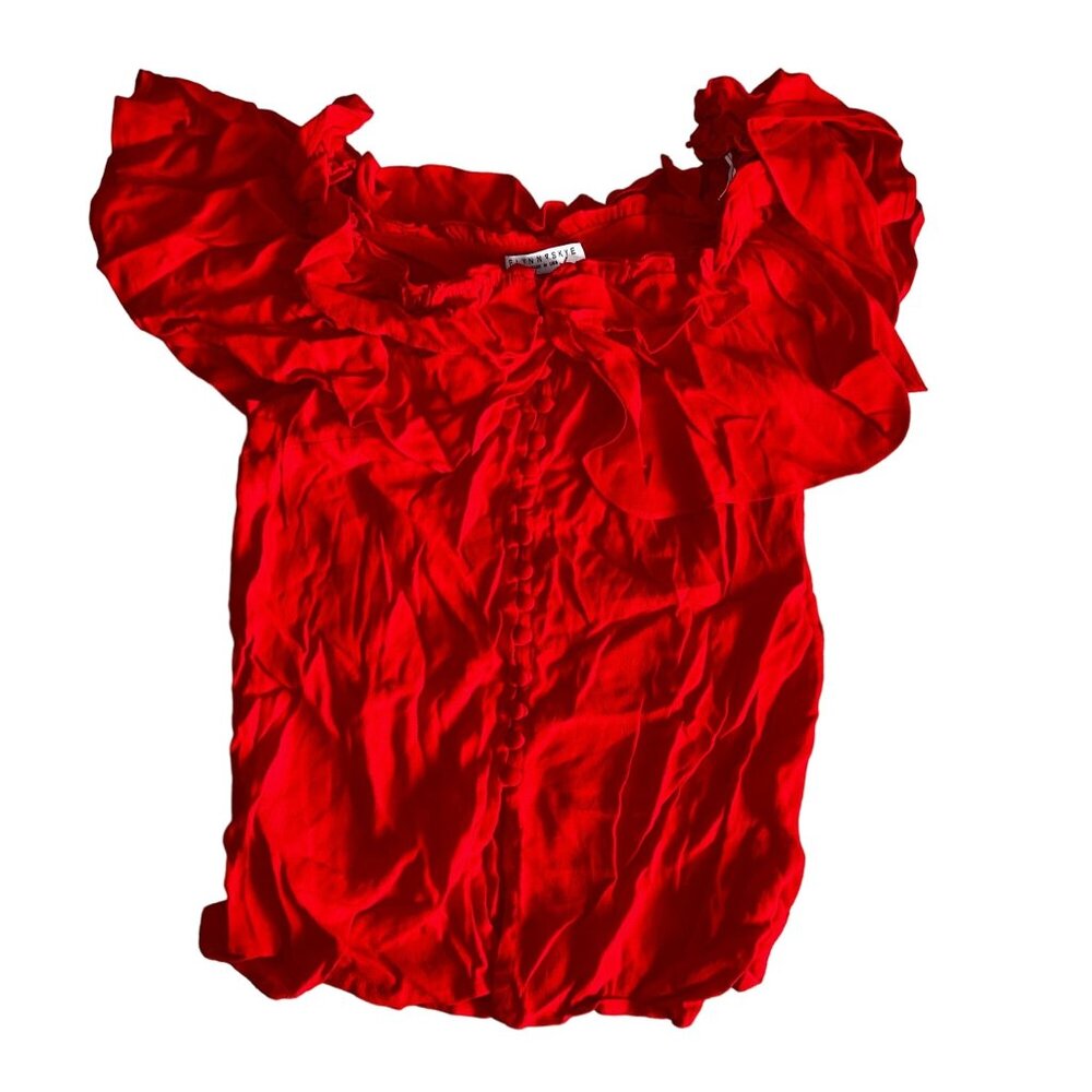 Flynn Skye Red Ruffle Button Front Rayon Top Women's Small S - Picture 1 of 4